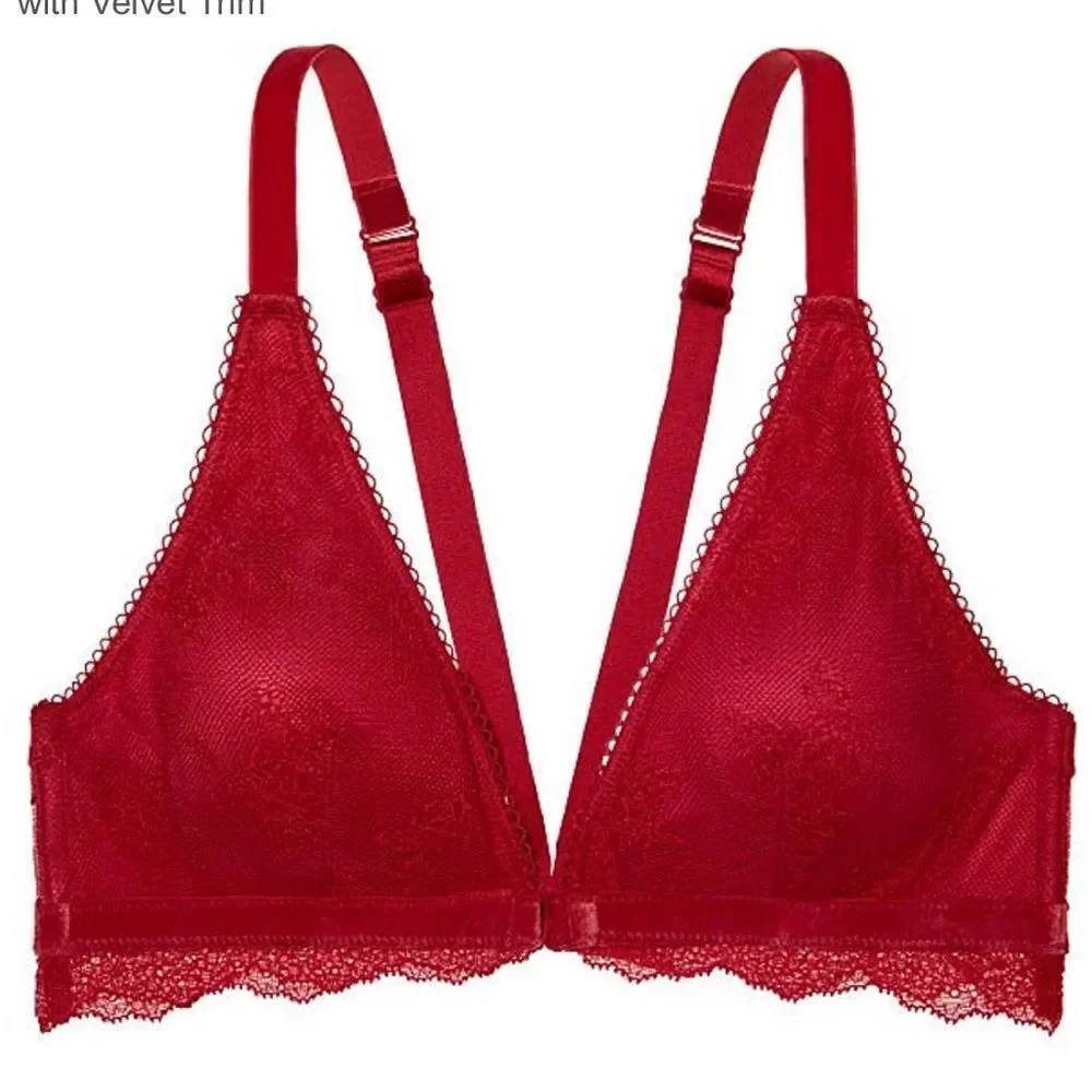 Victoria’s Secret Padded lace velvet trim front close bralette bra Ruby red M